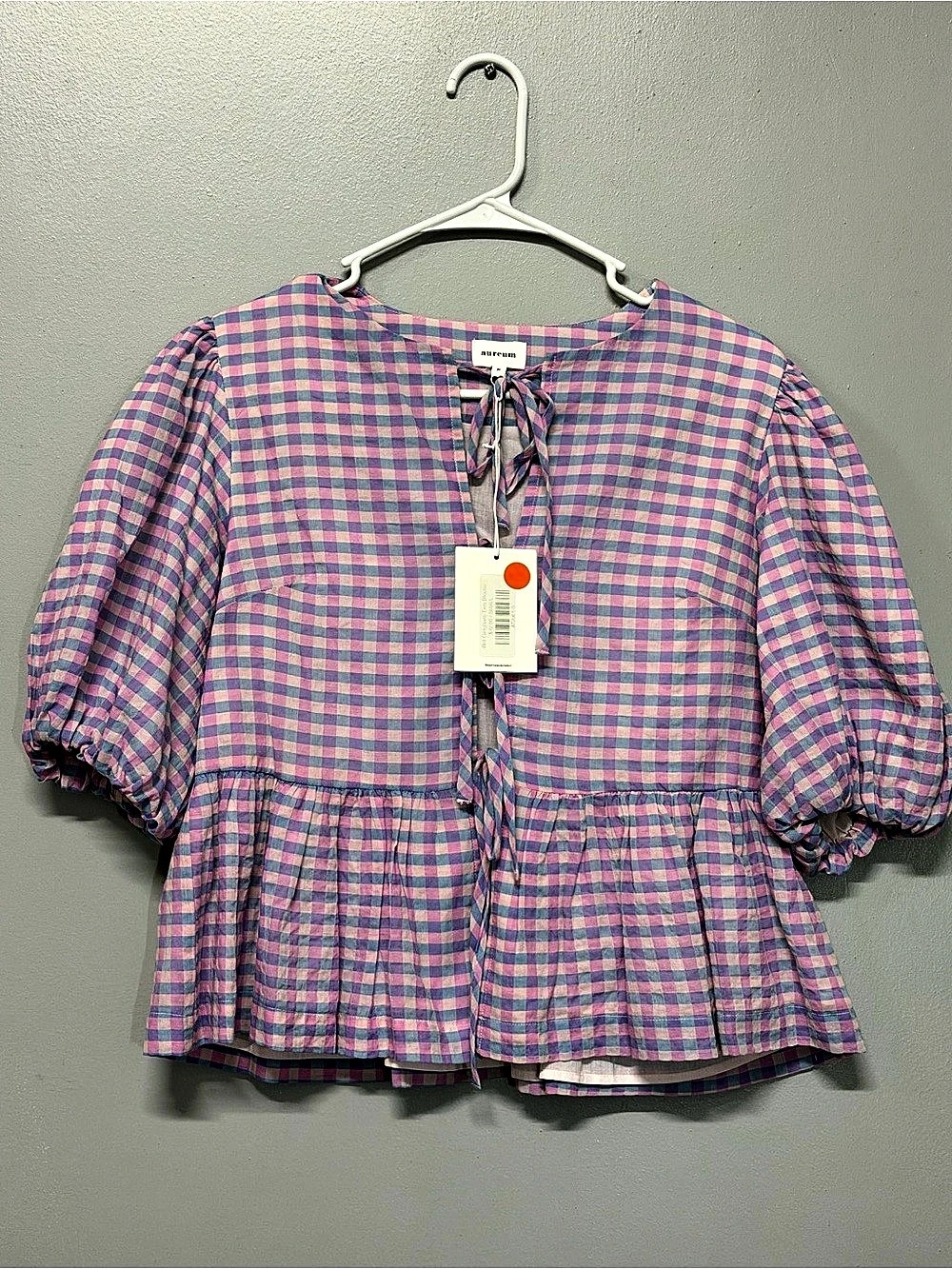 aureum Gingham Cropped Shirt w/ Ties Blouse in Purple & Pink